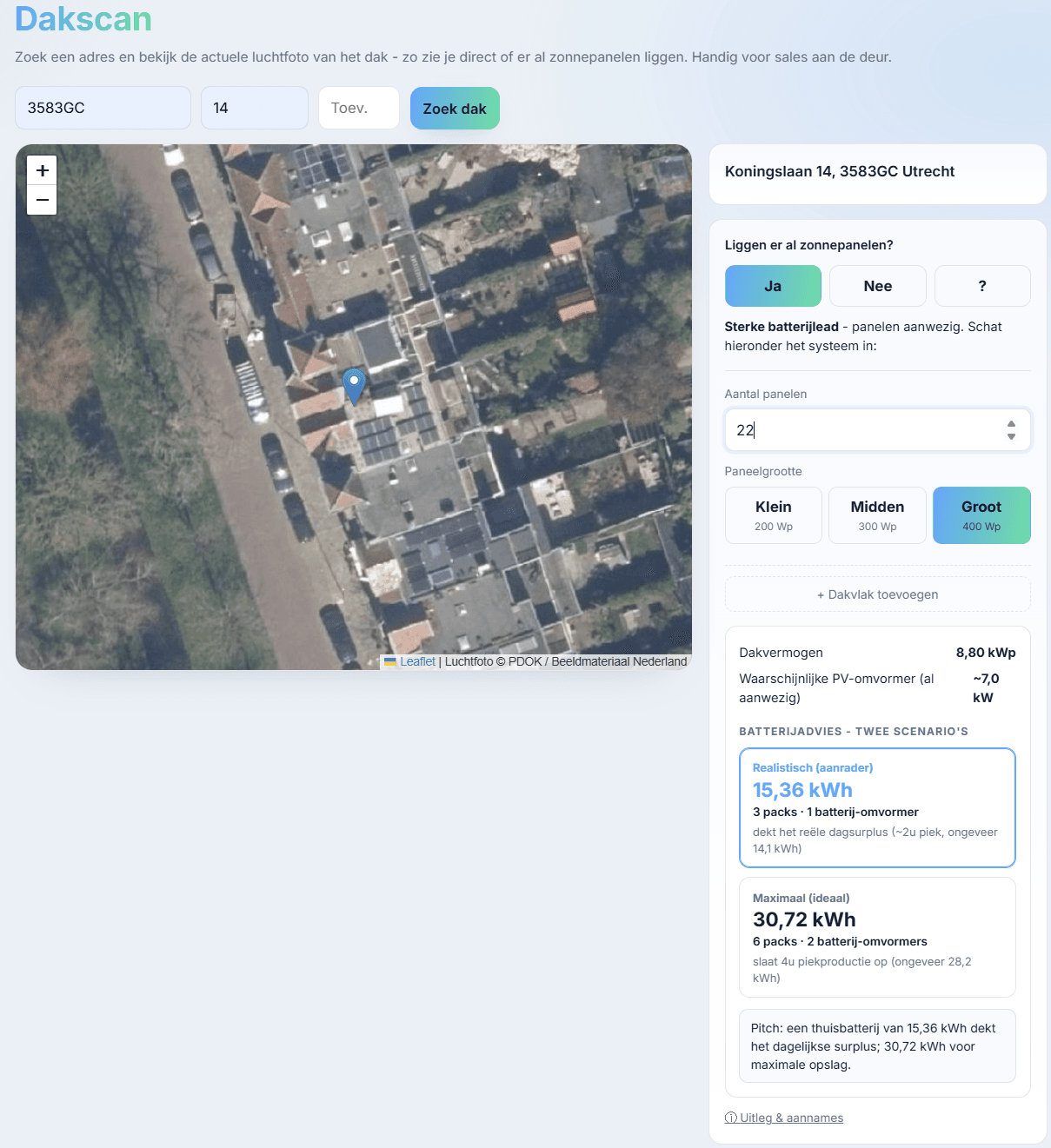 NorthFlow-dakscan met luchtfoto, paneelinvoer en batterijadvies