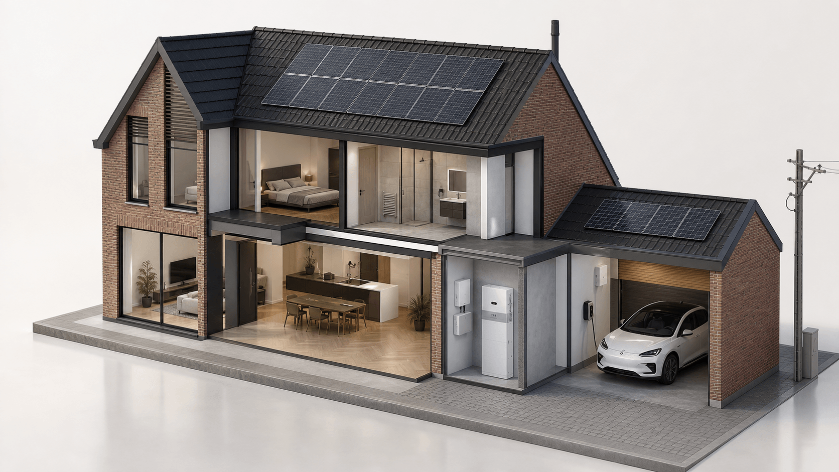 Nederlandse woning met zonnepanelen, FEB-batterij en elektrische auto overdag