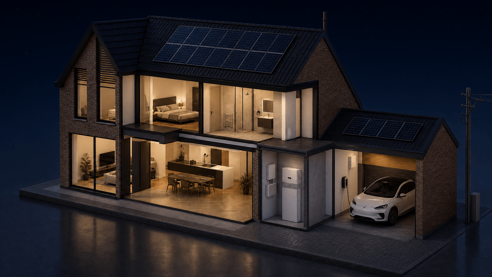 Dezelfde Nederlandse woning in de nacht