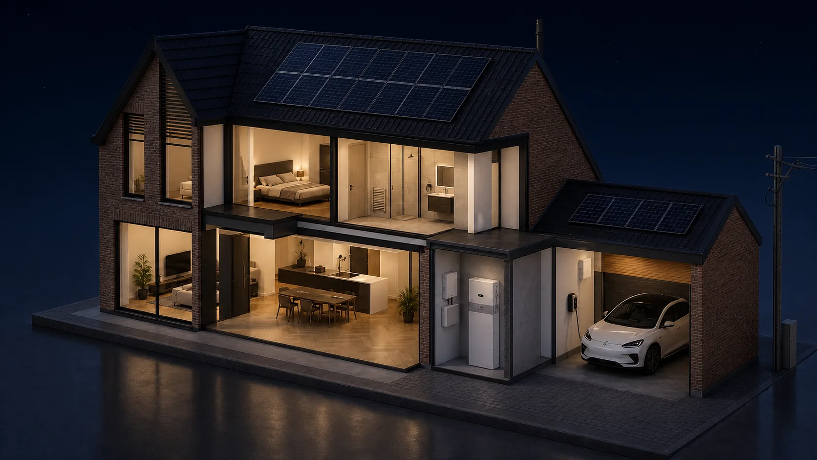 Dezelfde Nederlandse woning in de nacht
