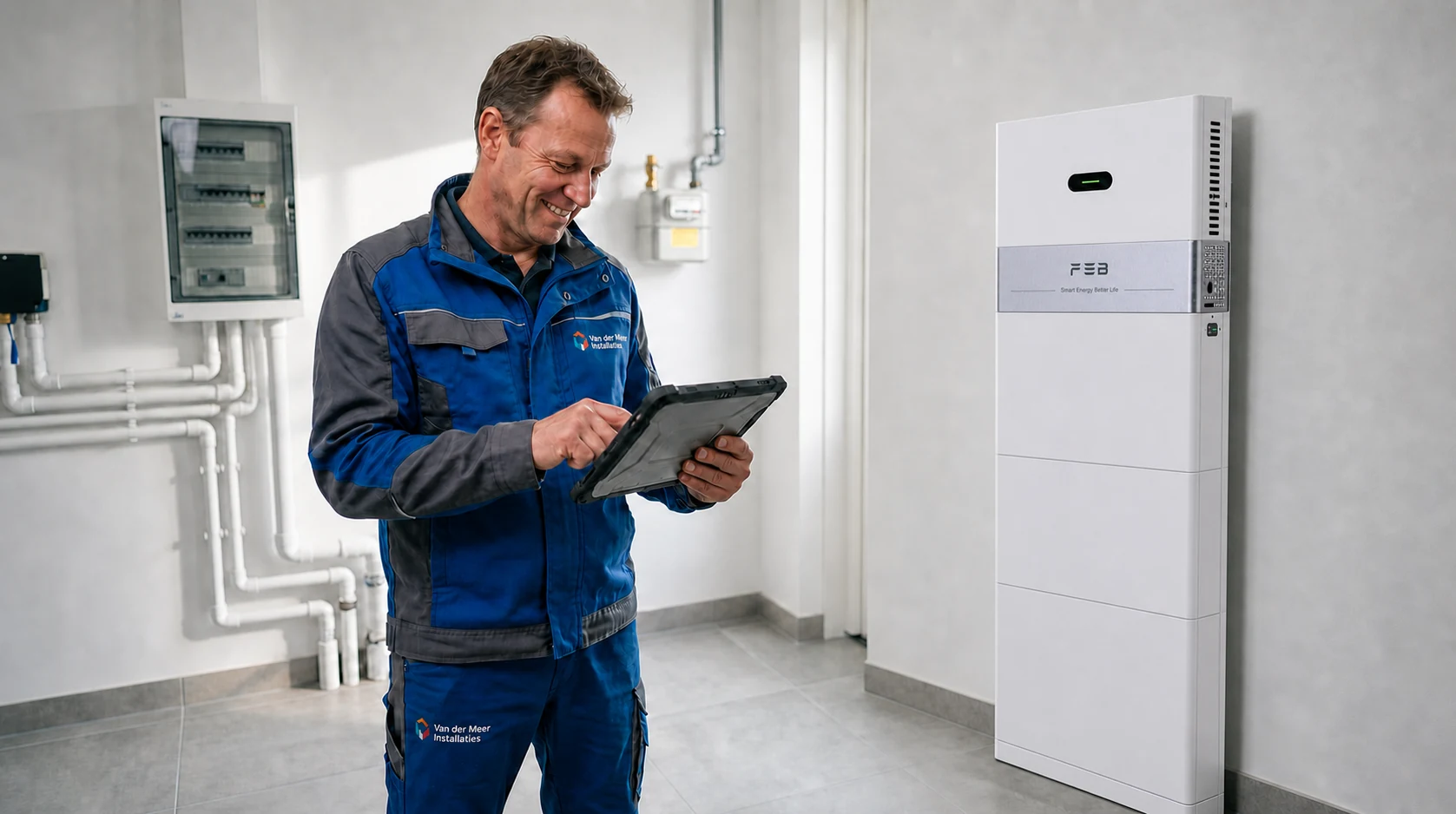 Installateur bij een professioneel geplaatst thuisbatterijsysteem