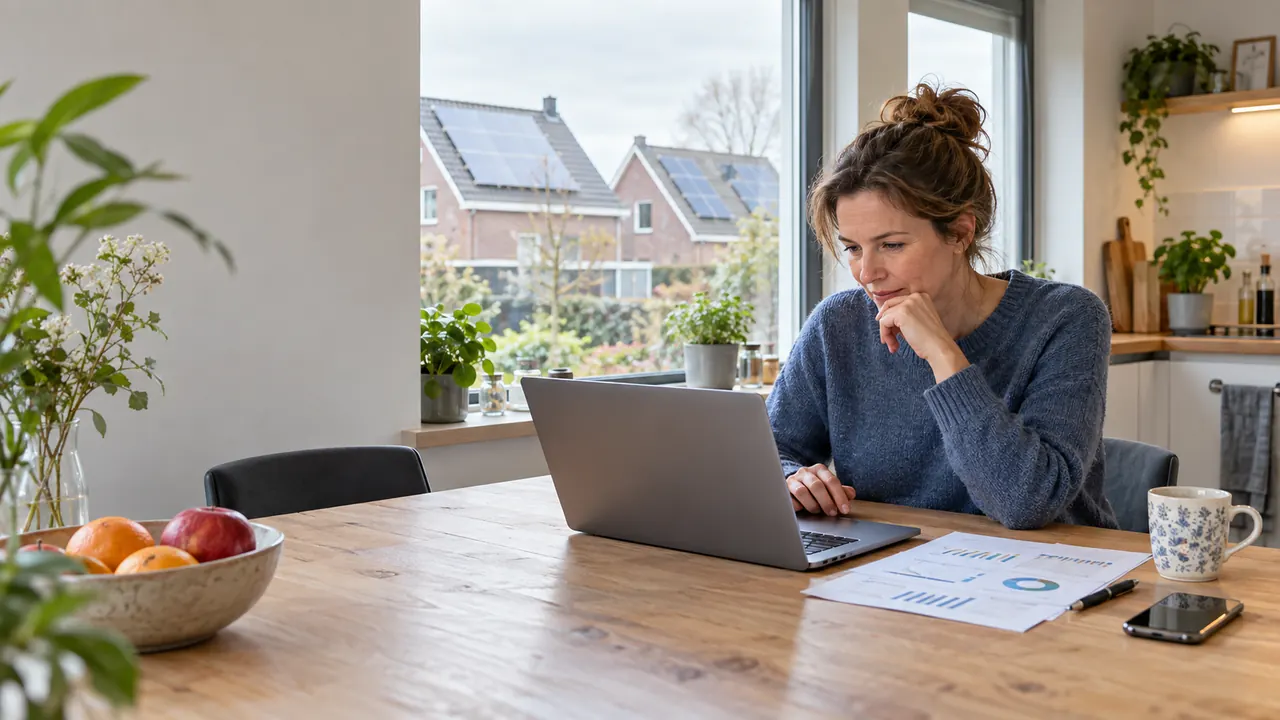 Vrouw aan de keukentafel bekijkt op haar laptop haar energiegegevens, met uitdraaien van haar verbruik naast zich