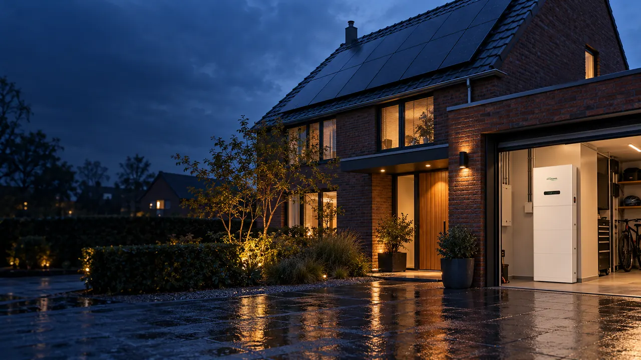 Nederlandse woning met zonnepanelen op het dak in de avond; in de open garage hangt een witte HYXi-thuisbatterij aan de muur