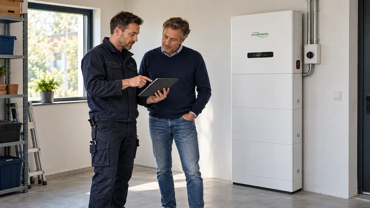 Installateur in werkkleding laat een woningeigenaar iets zien op een tablet, naast een HYXi-thuisbatterij in de garage